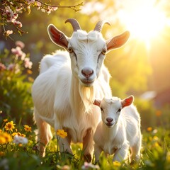 Fototapeta premium A mother goat and her kid in a sunny meadow with flowers