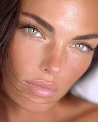 Obraz premium Glowing skin beauty portrait close-up of young woman – skincare branding, makeup editorial, social media content