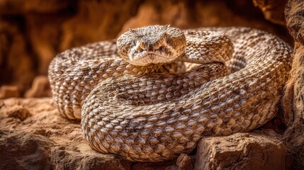 Fototapeta premium A Fierce Viper Coiled Tensely on a Rocky Ledge, Its Scaly Skin Intricately Textured and Alert