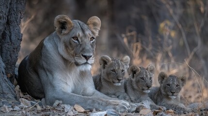 Majestic lioness with her adorable cubs resting peacefully in the dappled shade of the African wilderness