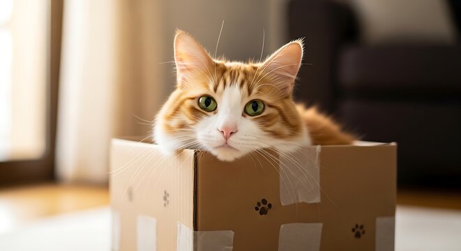 Orange and white cat relaxing inside cardboard box with green eyes