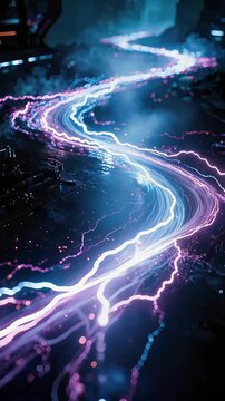 Flowing paths of purple and blue electronic light streams