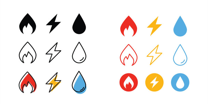 Collection of gas, electricity and water symbols in different styles and colors. Vector icon illustration of flame, drop, bolt. Electric source, gasification, water supply