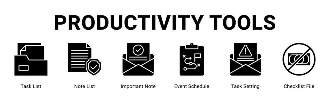 Productivity Tools web banner icon concept,  with Task List, Note List, Important Note, Event Schedule, Task Setting, Checkli.