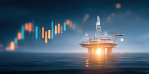 Fototapeta premium Oil rig sea with illuminated platform and crisis of market candlesticks suggesting energy