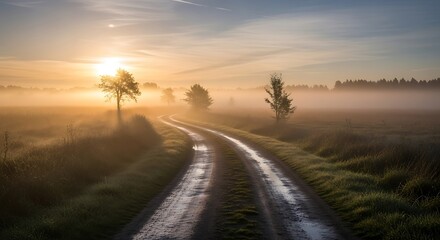 Misty Country Road at Sunrise: Serene Landscape with Golden Light and Fog