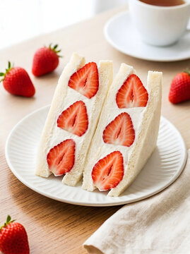 Beautiful cross-section of a fresh strawberry fruit sandwich with whipped cream