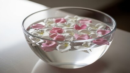 Glass bowl with floating rose petals