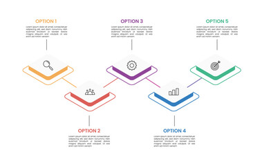 5 step, option, stage or process timeline diagram isometric infographic design with icons. 