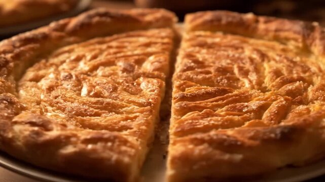 Close-up of freshly baked traditional golden gata pastry or sweet layered bread, cut into quarters, highlighting the rich buttery texture and flaky, crispy crust.
