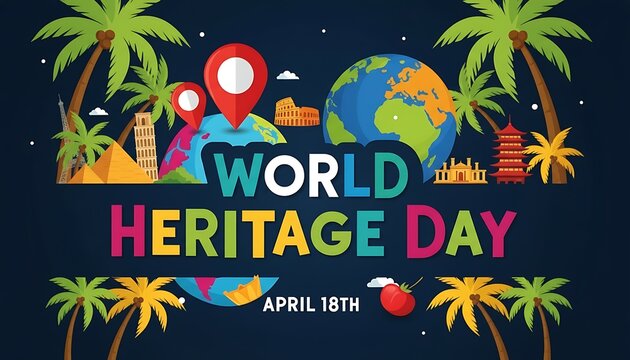 Vibrant illustration celebrating world heritage day on april 18th with global landmarks and palm trees