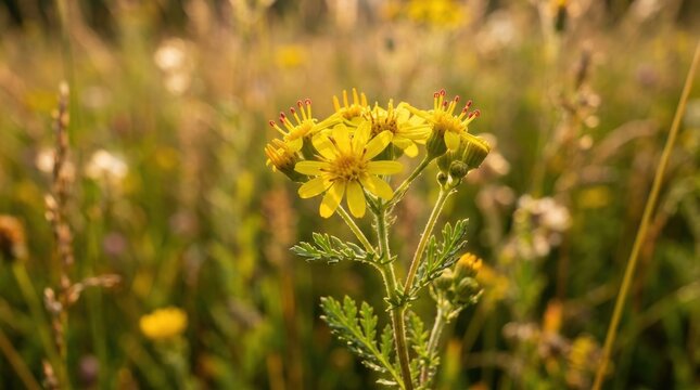 Close-up of delicate yellow ragwort flowers bathed in warm sunlight in a natural field setting.