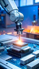 Fototapeta premium A robotic arm welds a microchip on a circuit board with sparks
