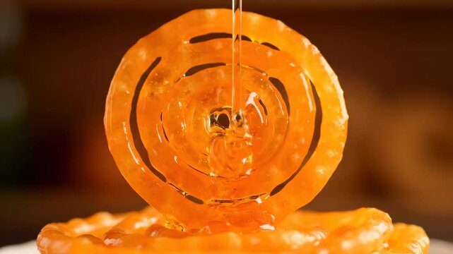 Close-up macro shot of traditional indian dessert jalebi being drizzled with sweet sugar syrup, emphasizing the golden spiral texture against a dark background.