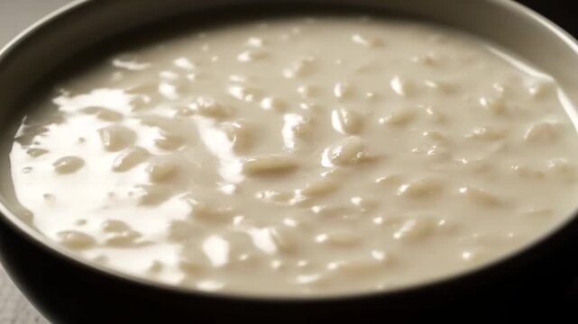 Close-up of homemade creamy rice pudding dessert served in a bowl