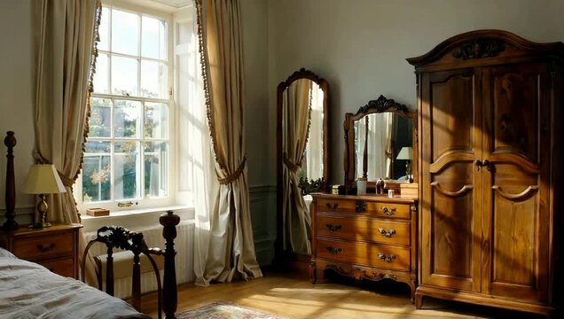 Antique bedroom with large window, wooden furniture, and draped curtains