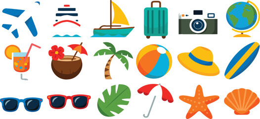 Travel tourism sticker collection with summer vacation icons journey tour elements luggage airplane camera and destination cartoon vector illustration set © MDABU