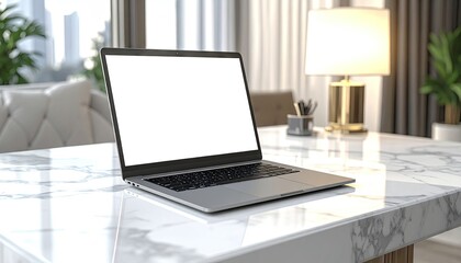 Fototapeta premium A laptop with a blank white screen sits atop a polished marble desk in a well-lit home office setting.