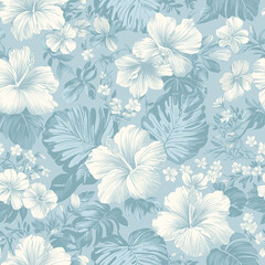 Fototapeta premium Seamless floral pattern with white hibiscus flowers and tropical leaves on a soft blue background. Elegant botanical design with delicate linework and a calm island-inspired style.