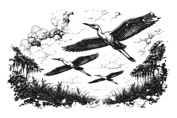 Fototapeta premium Vintage engraving style cranes flying over wetland river landscape with dramatic clouds, detailed black and white hand drawn nature vector illustration.