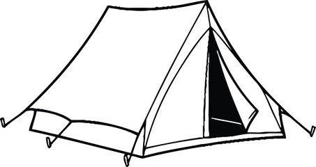Simple line drawing of a tent with open entrance flap and visible interior. © SHIRIN
