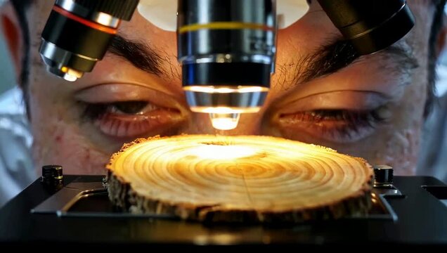 Close-up of man's eyes viewing wood slice under microscope