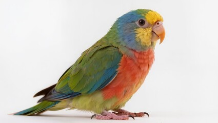 Colorful tropical parrot standing in side view isolated on white background, exotic bird with vibrant feathers.