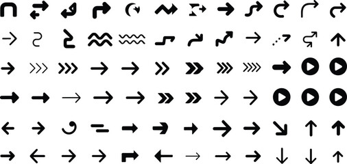 Fototapeta premium Big arrows vector icon set with black direction signs pointers isolated on white background in various styles for design projects