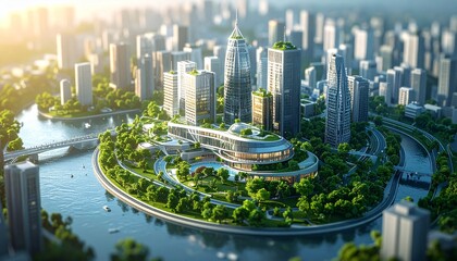 Naklejka premium Futuristic Green Cityscape with Sustainable Architecture and Lush Vegetation.