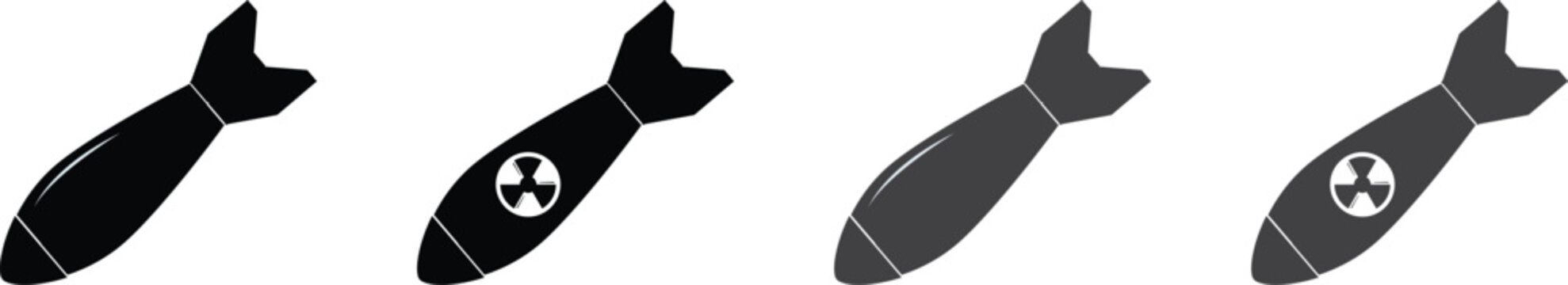 Nuclear bomb icon set featuring atomic bomb silhouettes with radiation hazard symbols