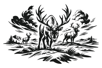 Noble Stag with Antlers Standing in a Mountain Valley Landscape Woodcut Vector Illustration Featuring Retro Engraving Style and Vast Wilderness View © Chairul