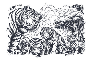 Fototapeta premium Vintage Woodcut Vector Illustration of a Tiger Family with Mother and Cubs in a Dense Tropical Jungle Forest Setting Featuring Detailed Engraving Style