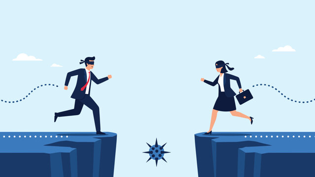 Blindfolded business people running towards each other across a perilous chasm with a virus symbol, illustrating unforeseen risks and challenges.