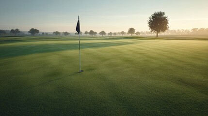 Obraz premium ryegrass. Manicured golf course green with uniform ryegrass, a distant flag. public awareness campaigns, NGO reports, designed for public awareness campaigns and NGO communications.