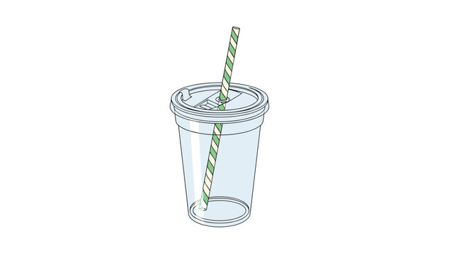 Clear plastic cup with a dome lid and an eco-friendly green and white striped straw, ideal for refreshing cold beverages.