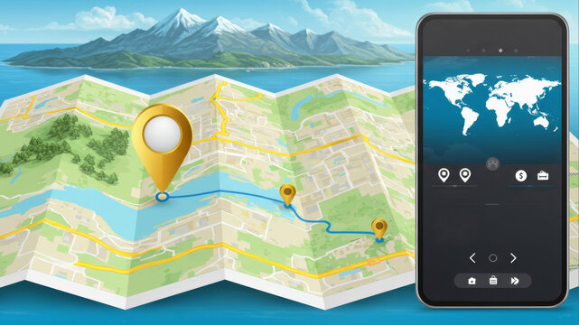 Folded paper map with route and pin pointers next to a smartphone showing a world map. GPS navigation and travel itinerary planning concept.