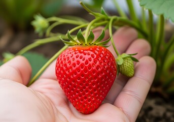 Close up of ripe strawberry in hand