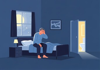 Man suffering from frequent nighttime urination sitting on bed and going to bathroom at night, concept of nocturia, sleep disturbance and urinary problem in middle aged and elderly adults
