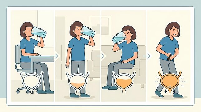 Educational illustration showing bladder filling after drinking water and the increasing urge to urinate, explaining urinary pressure and bladder function in a simple health infographic concept