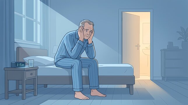 Man suffering from frequent nighttime urination sitting on bed and going to bathroom at night, concept of nocturia, sleep disturbance and urinary problem in middle aged and elderly adults