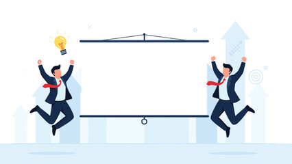 Obraz premium Two excited businessmen jumping with joy in front of a large blank projector screen, celebrating new ideas and successful project launch.