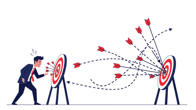 Frustrated businessman observing a target with numerous missed arrows, contrasting with a distant bullseye, symbolizing failed attempts and successful strategy.