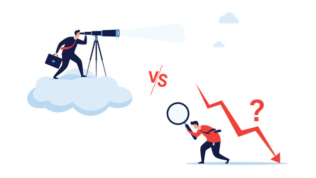 Businessman with a telescope on a cloud representing foresight, contrasted with another on the ground analyzing a downward trend, illustrating reactive vs. proactive strategy.