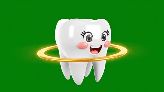 Happy Cartoon Tooth Character with Protection Ring on Green Screen