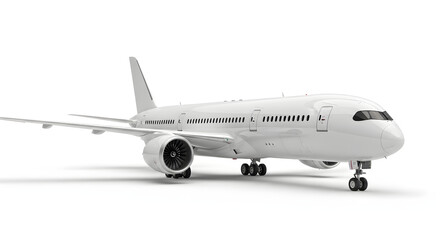 Obraz premium Modern white passenger airplane sleek commercial jetliner with detailed engines and landing gear isolated on a clean white background for travel concepts