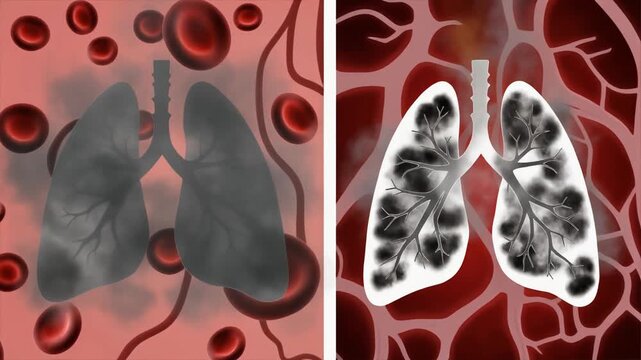 Human lungs affected by disease, shown in a detailed medical illustration, highlighting the impact on respiratory system
