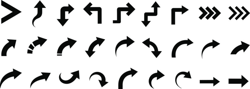 Black arrow icon collection with directional symbols, curved and straight navigation pointers set isolated on white