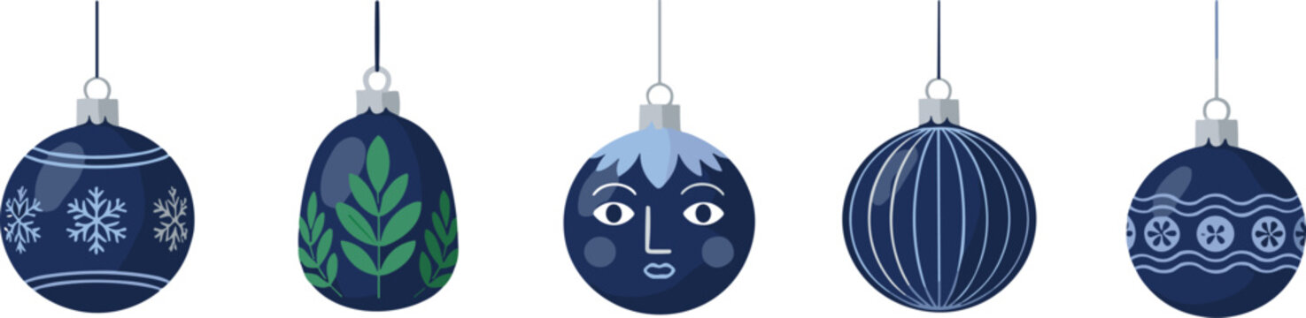 Blue Christmas hanging ball ornaments collection winter holiday decorative baubles with patterns festive vector illustration set