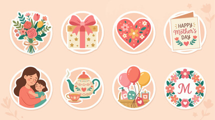 Fototapeta premium Mother’s Day celebration flat icon collection, floral bouquet, gift box, heart symbol, greeting card