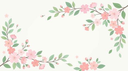 Obraz premium Spring floral background with soft pink blossoms and leaves, minimal vector design